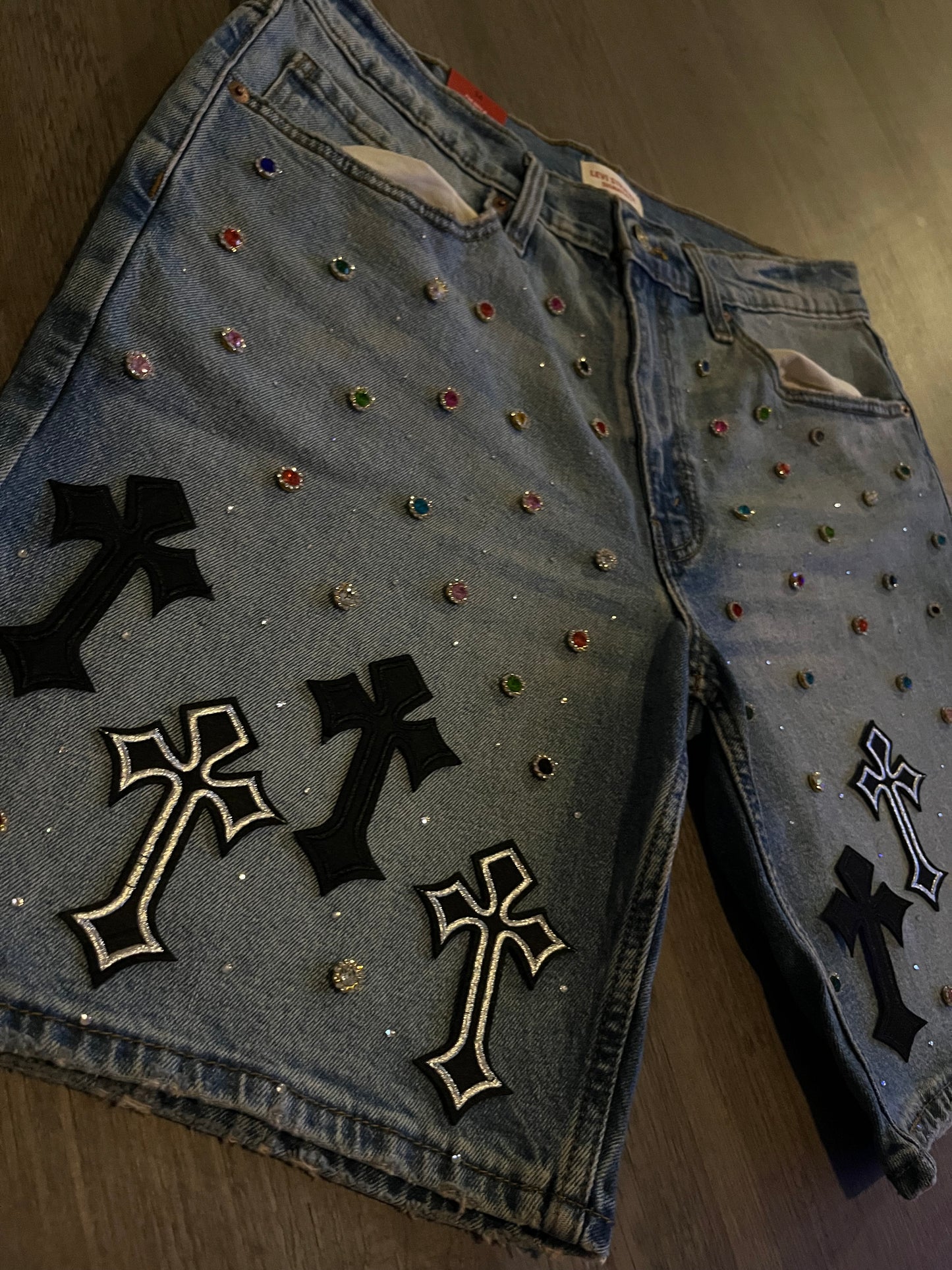 Black cross rhinestone jorts