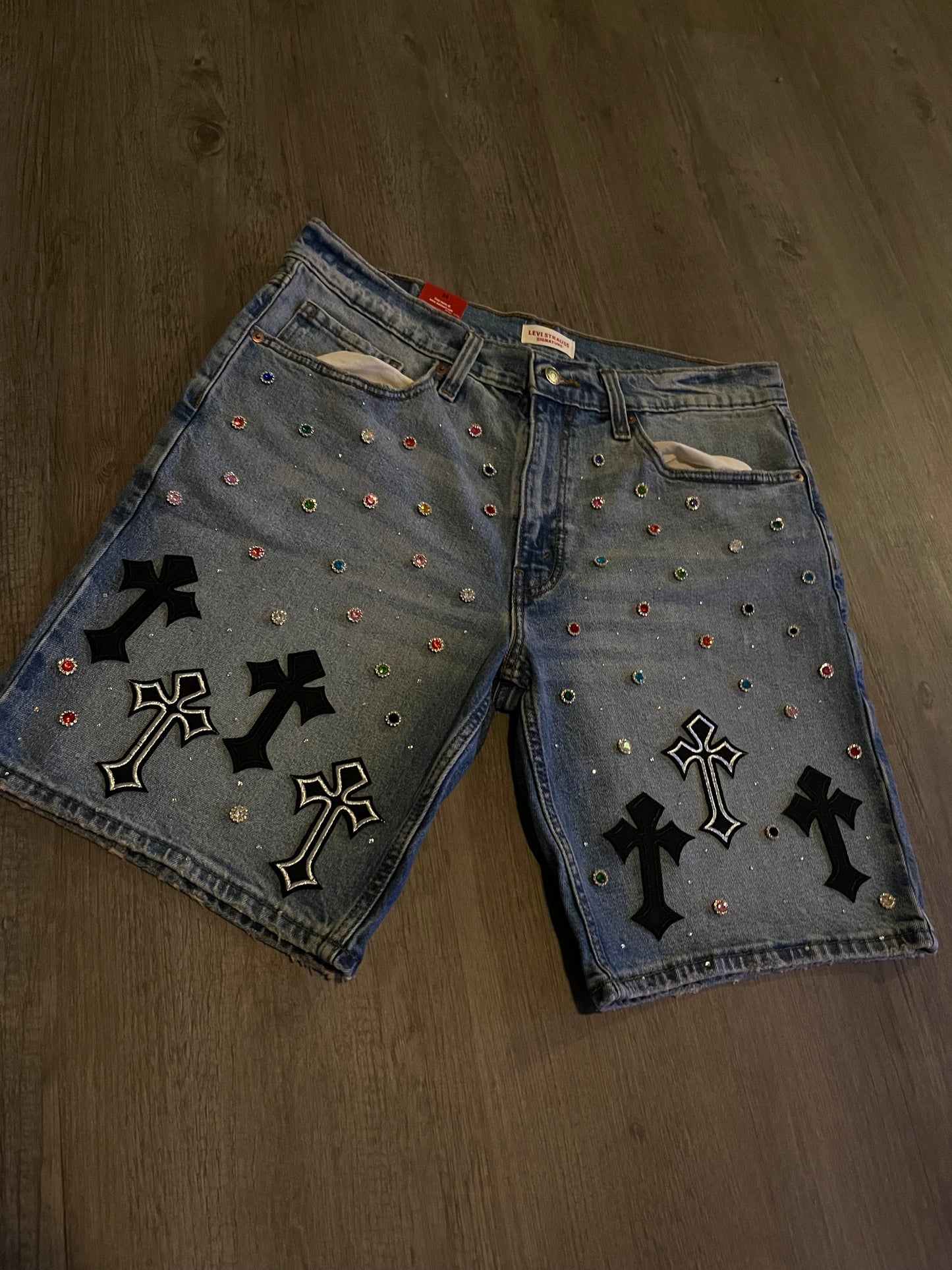 Black cross rhinestone jorts