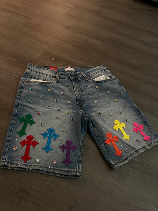 Cross rhinestone jorts