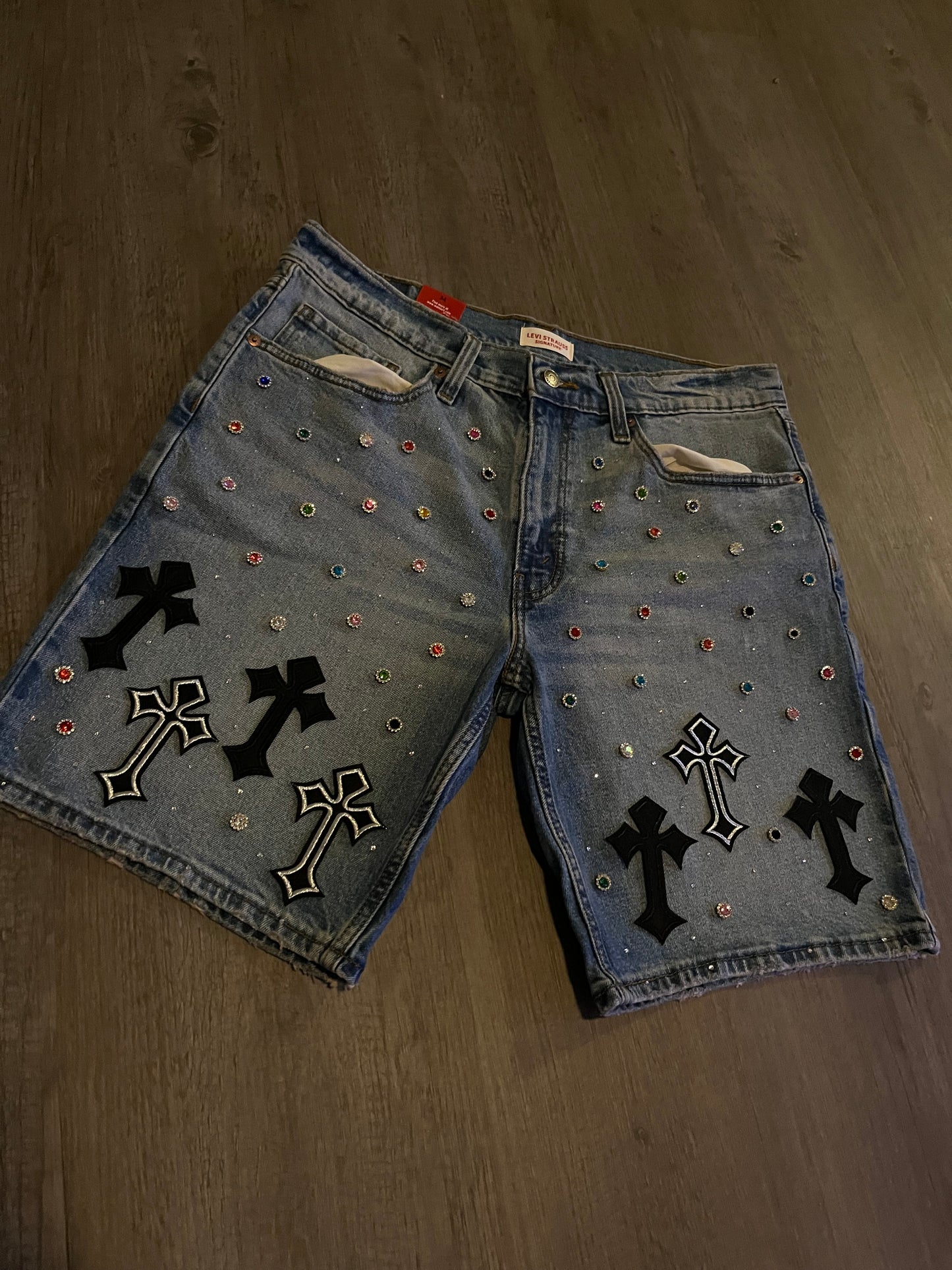 Black cross rhinestone jorts
