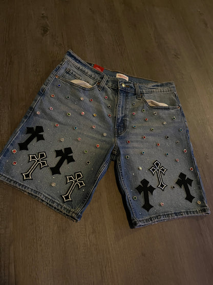 Black cross rhinestone jorts