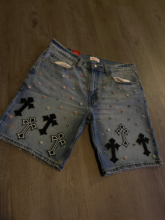 Black cross rhinestone jorts