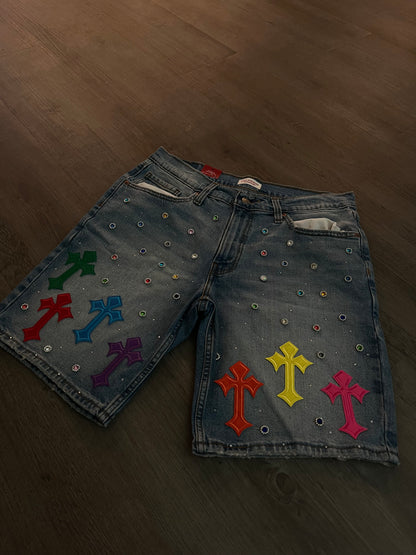 Cross rhinestone jorts
